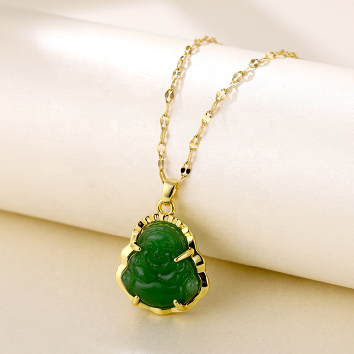 YT 18K Gold Steel Chain Buddha Pendant Necklace Titanium Steel Chain Buddha Green Jade Necklaces