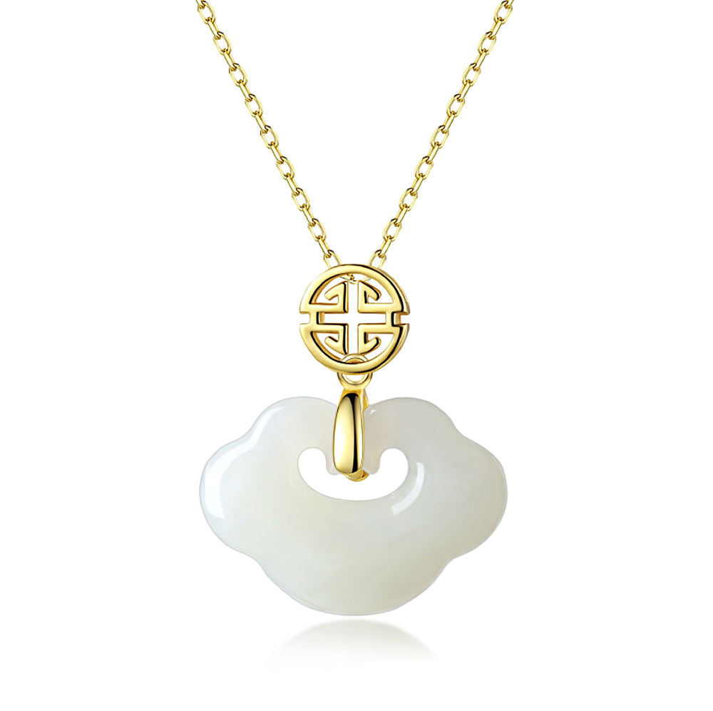 YT Chinese Style Rhodium 18K Gold Plated S925 Silver Hetian Jade Pendant Long Life Lucky Necklaces