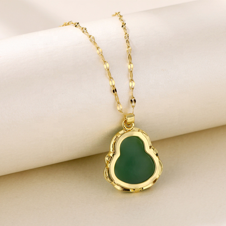 YT 18K Gold Steel Chain Buddha Pendant Necklace Titanium Steel Chain Buddha Green Jade Necklaces